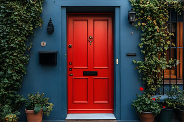 Fototapeta premium Bright red door framed by lush greenery in a charming urban setting, inviting and vibrant