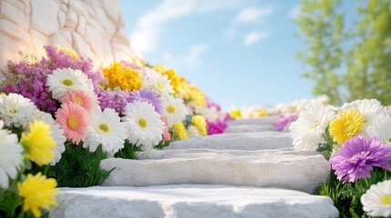 Sunny stone steps leading upward through a vibrant flower garden