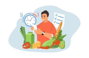 vector illustration in flat style on the theme diet, healthy eating, intermittent fasting