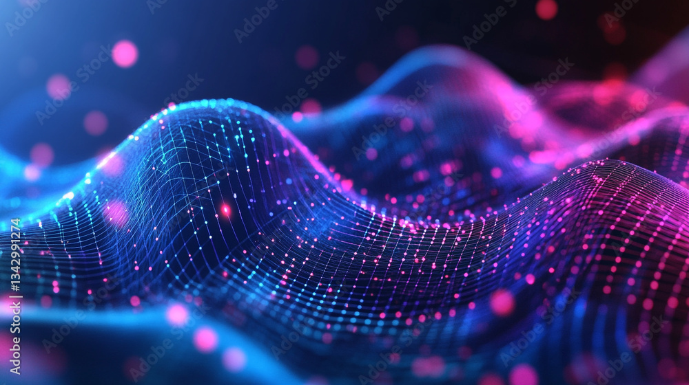 Poster holographic particle waves flowing across a gradient tech-inspired blue and purple background, creat