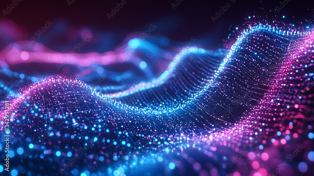 Poster holographic particle waves flowing across a gradient tech-inspired blue and purple background, creat
