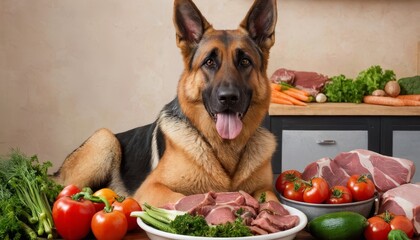 German Shepherd, dog, healthy diet, raw food, pet nutrition, fresh meat, vegetables, balanced meal, natural food, pet health, high-protein, organic diet, canine nutrition, premium pet food, raw diet, 