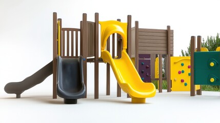Bright and Colorful Playground Structure with Slides and Climbing Walls