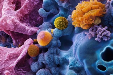 Detailed microscopic view displays various cells, organic shapes. Ideal for science, medical, or abstract background design projects.