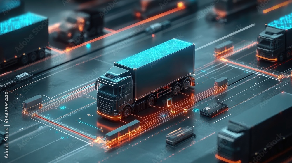 Poster a conceptual freight automation system visualizing interconnected ai-driven logistics hubs.