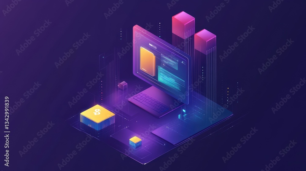 Poster a cutting-edge software firm logo with a sharp desktop computer design and integrated blockchain ele
