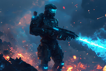 Cinematic Cybernetic Soldier in Sci-Fi Battlefield