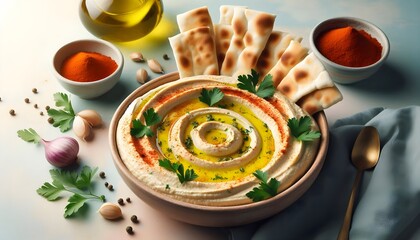 Gourmet hummus bowl, rich texture, golden olive oil drizzle, fresh herbs, isolated on pastel background.