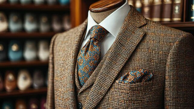 Elegant Brown Tweed Three-Piece Suit on Mannequin