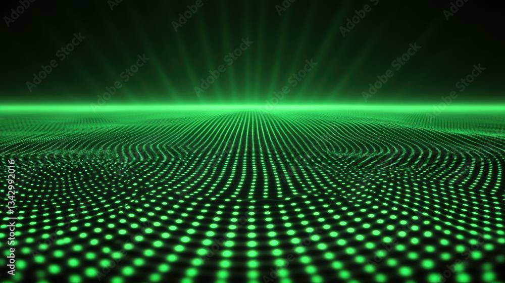 Poster vibrant green digital landscape with glowing dots and wave patterns creates mesmerizing visual effec