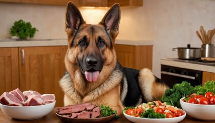 A German Shepherd sits next to a bowl filled with fresh meat and colorful vegetables, symbolizing a healthy diet