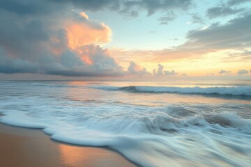 Fototapeta premium Serene beach scene featuring waves, sand, and pastel-colored clouds at sunrise. It's perfect for travel blogs, inspirational content or relaxation materials.