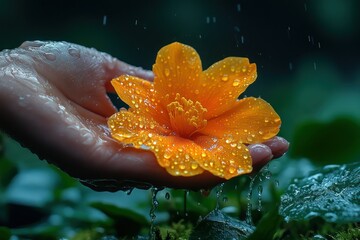 Hand holding rain-soaked orange flower, garden, nature