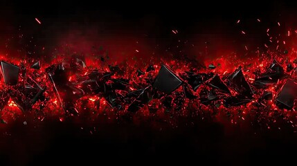 Fototapeta na wymiar Shattered Black Objects Explode in Red Fire