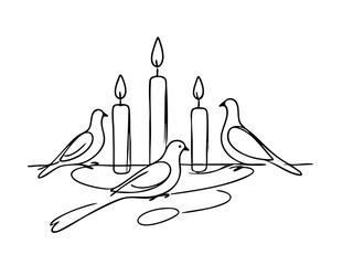 Minimalist line art of birds and candles on a transparent background  