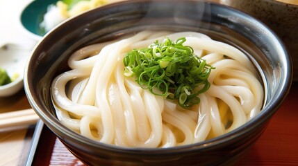 A steaming bowl of udon noodles is attractively presented. The udon noodles are thick, chewy, and have a smooth texture. They are submerged in a rich, savory broth, which might be a combination of das