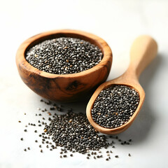 Chia Seeds In Wooden Bowl And Spoon On White Background