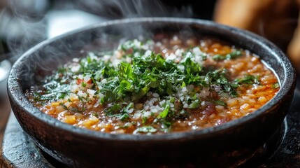A vibrant tapestry of flavors awaits: a steaming bowl of foul, a staple of Arabic cuisine, adorned with fresh herbs, spices, and crispy fried onions, a symphony of textures and aromas.