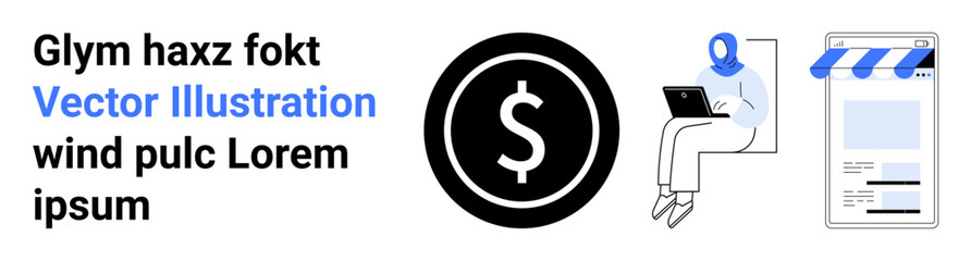 Person sitting with laptop, dollar sign in circle, and online storefront screen. Ideal for online shopping, e-commerce, technology, remote work, financial management, payment systems simple landing