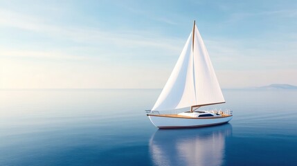 Fototapeta premium White sailboat on calm ocean, serene sunrise