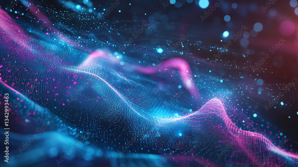 Poster holographic particle waves flowing across a gradient tech-inspired blue and purple background, creat