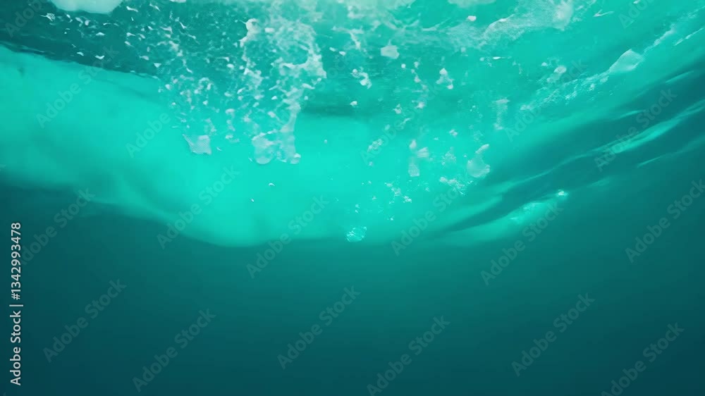 Aufkleber an abstract view of a turquoise wave with bubbles and white foam from under the surface of the water