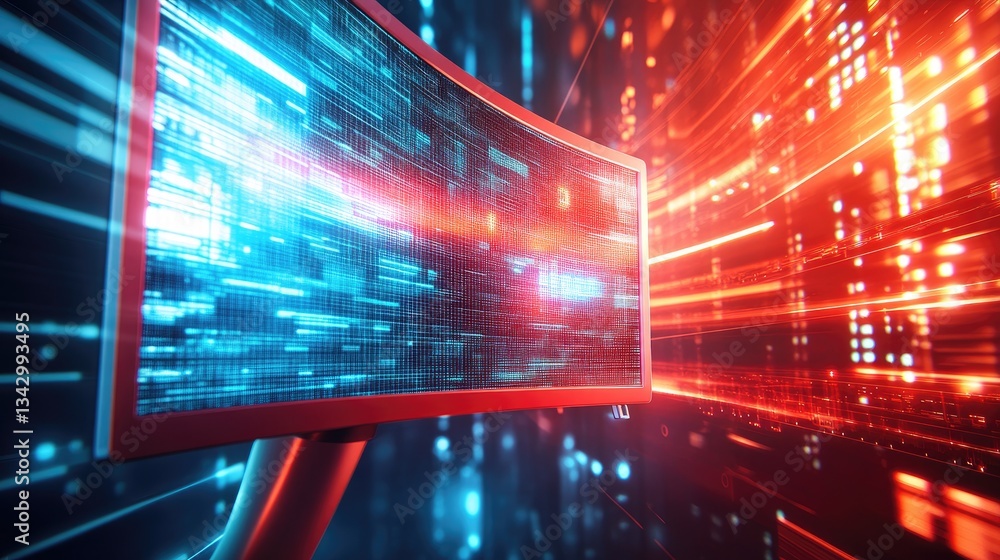 Poster a digital computing logo featuring a smart monitor with pixelated effects and a professional layout.