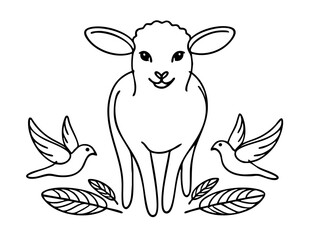 Obraz premium Lamb surrounded by birds and leaves in a minimalist style 