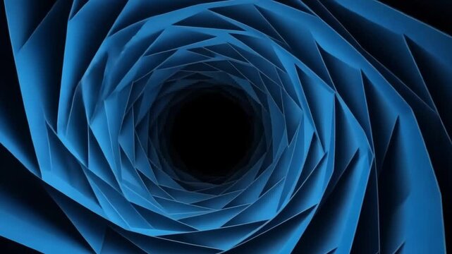 Abstract blue spiral tunnel with triangular shapes converging into a dark center hole design