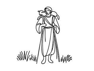 Fototapeta premium Line Art of a Shepherd Carrying a Bird in a Pastoral Setting 