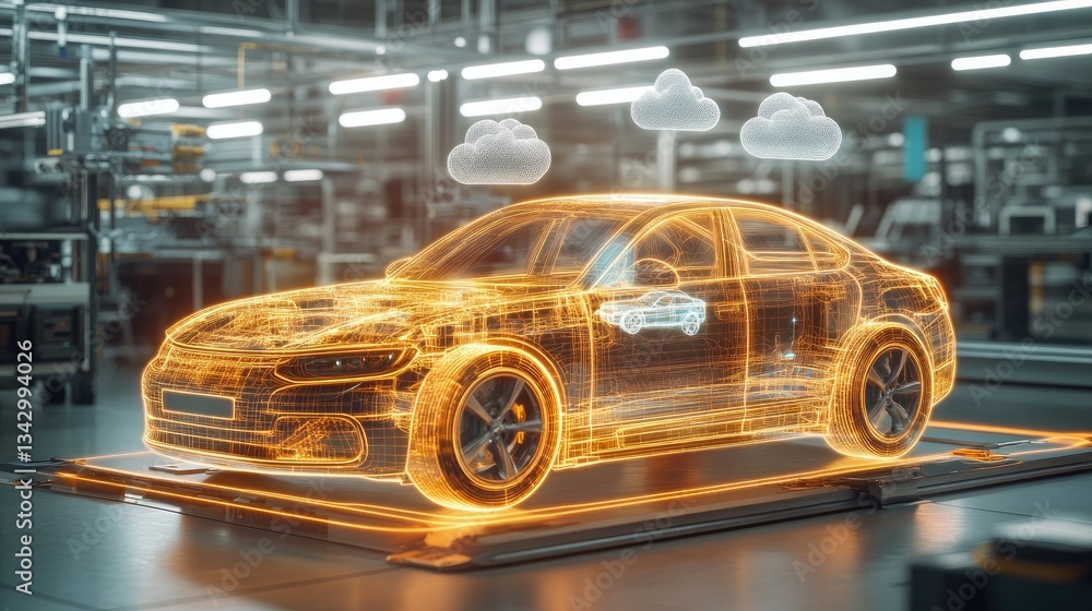 Poster a digital hologram displaying a vehicle's iov-enabled connection with cloud-based data centers.