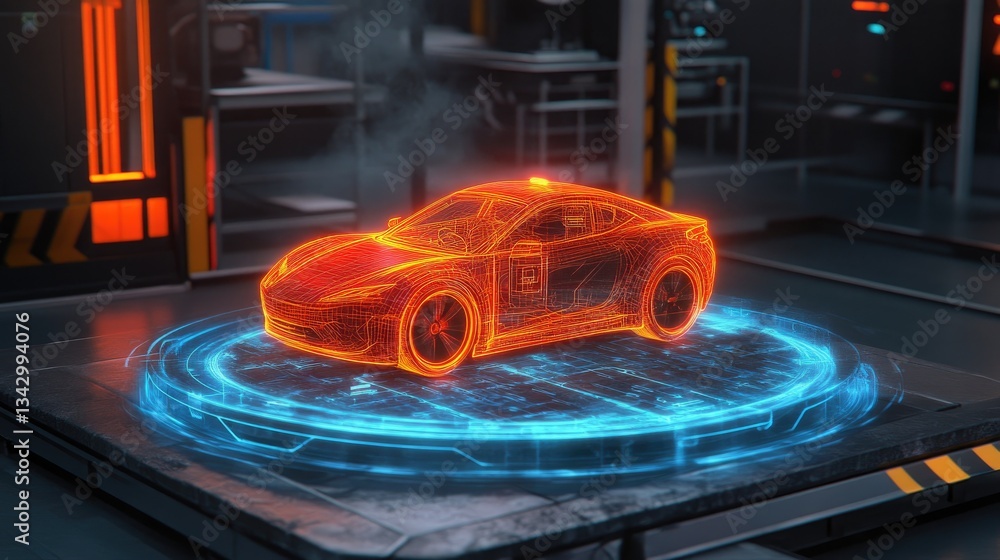 Poster a digital hologram displaying a vehicle's iov-enabled connection with cloud-based data centers.