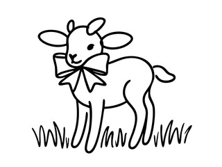 Cute cartoon lamb with bow standing on grass  