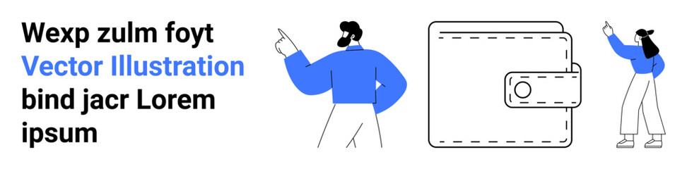 Two characters pointing while engaging, minimalist wallet icon in the center. Ideal for fintech apps, personal finance, digital wallets, ecommerce, user interface, education, simple landing page
