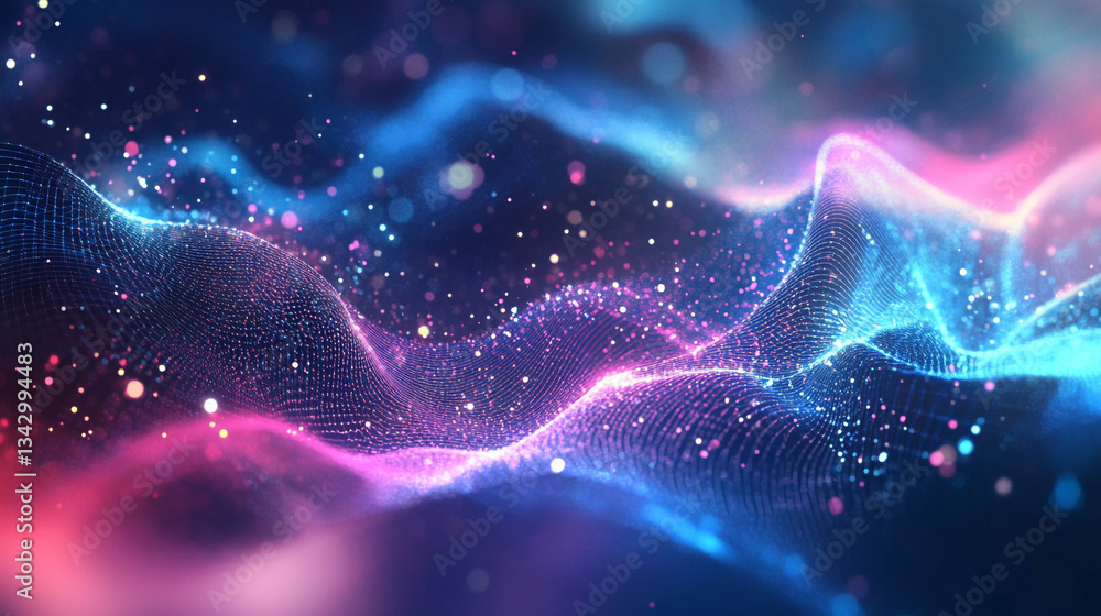Poster holographic particle waves flowing across a gradient tech-inspired blue and purple background, creat