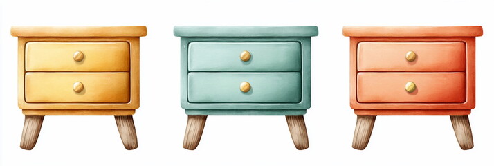 Three Watercolor Two Drawer Nightstands in Pastel Colors Yellow Teal and Coral Perfect for Bedroom Decor Home Interior Design Projects