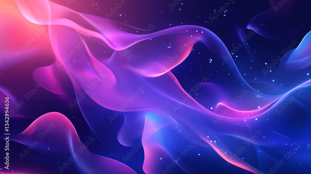 Poster holographic particle waves flowing across a gradient tech-inspired blue and purple background, creat