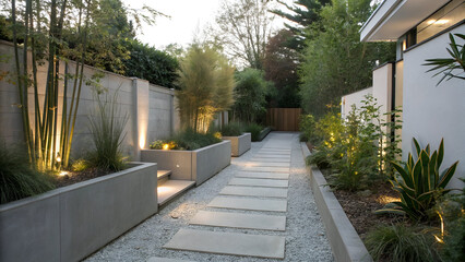Minimalist Garden Pathway with Ambient Lighting