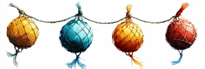 Colorful spherical fishing net floats hanging on a rope Nautical decoration Maritime theme illustration Perfect for nautical themed designs