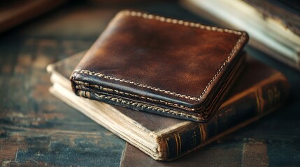 Vintage Brown Wallet on Aged Leather Bound Books Retro Style Photo