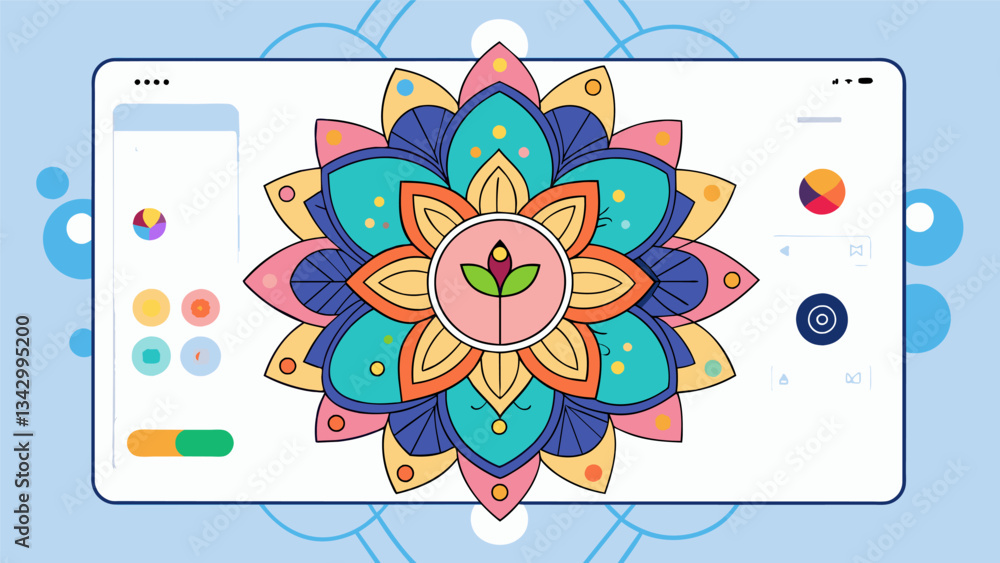 Poster a mindful coloring app that allows users to create their own mandalas and patterns while listening t