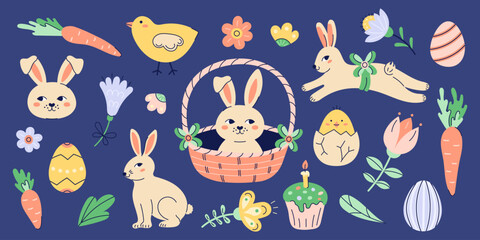 Happy Easter illustrations set With Bunnies, chickens and eggs. Happy Easter hand drawn card. Flat illustration with partial outline. Isolated vector illustration on dark background.