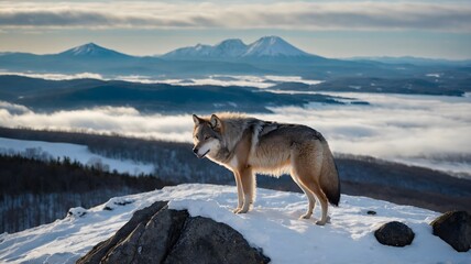 Obraz premium Lone Hokkaido Wolf on Rocky Outcrop Overlooking Snowy Valley