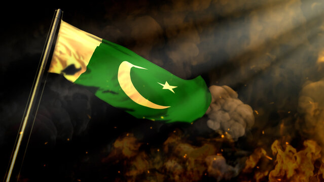 soft focus Pakistan flag on smoke with sun beams backdrop - problems concept - abstract 3D rendering