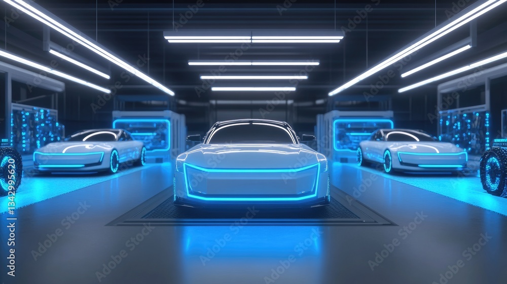 Poster a digital twin simulation of a futuristic car factory, showcasing ai-driven manufacturing and roboti