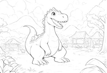 Obraz premium Adorable Dinosaur in a Prehistoric Market Scene, Ready to be Colored. a friendly, cartoon dinosaur stands in a whimsical, prehistoric market scene