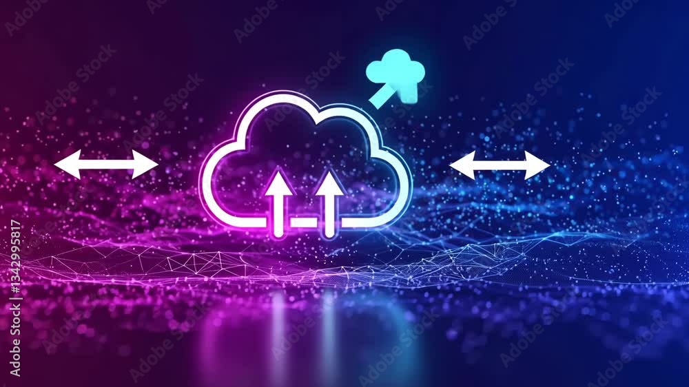 Poster glowing cloud with arrows and connected dots on a blue and purple gradient background design art