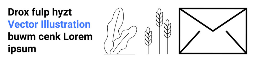 Envelope icon beside stylized wheat stalks and abstract leaves, accompanied by placeholder text. Ideal for communication, agriculture, minimalism, eco-friendliness, nature, organic themes, simple