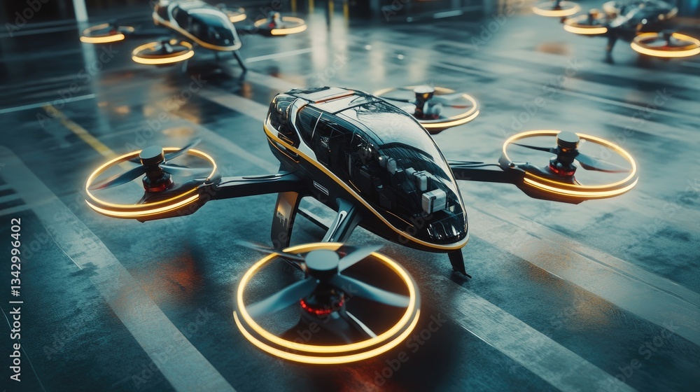 Poster a drone logistics hub with multiple autonomous drones picking up and delivering packages.
