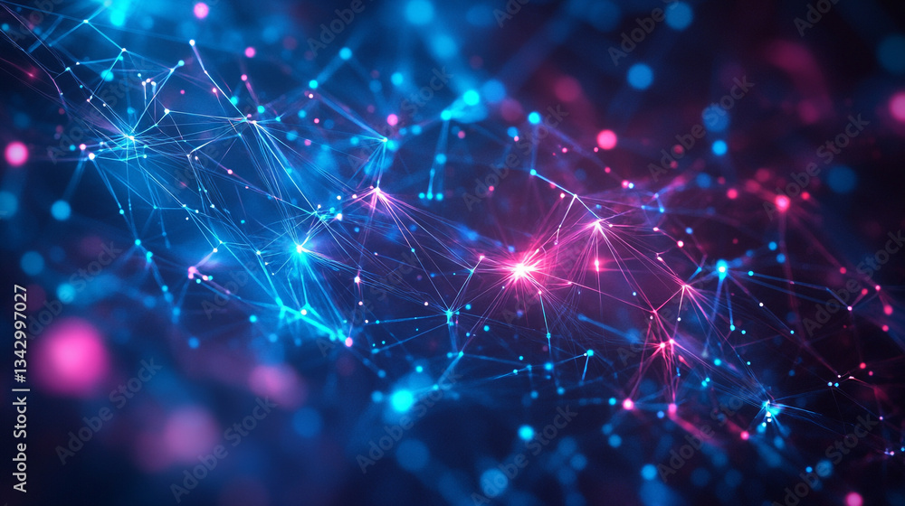 Poster abstract blue and purple glowing wave with bokeh lights, blue gradient and glowing dots in the form 